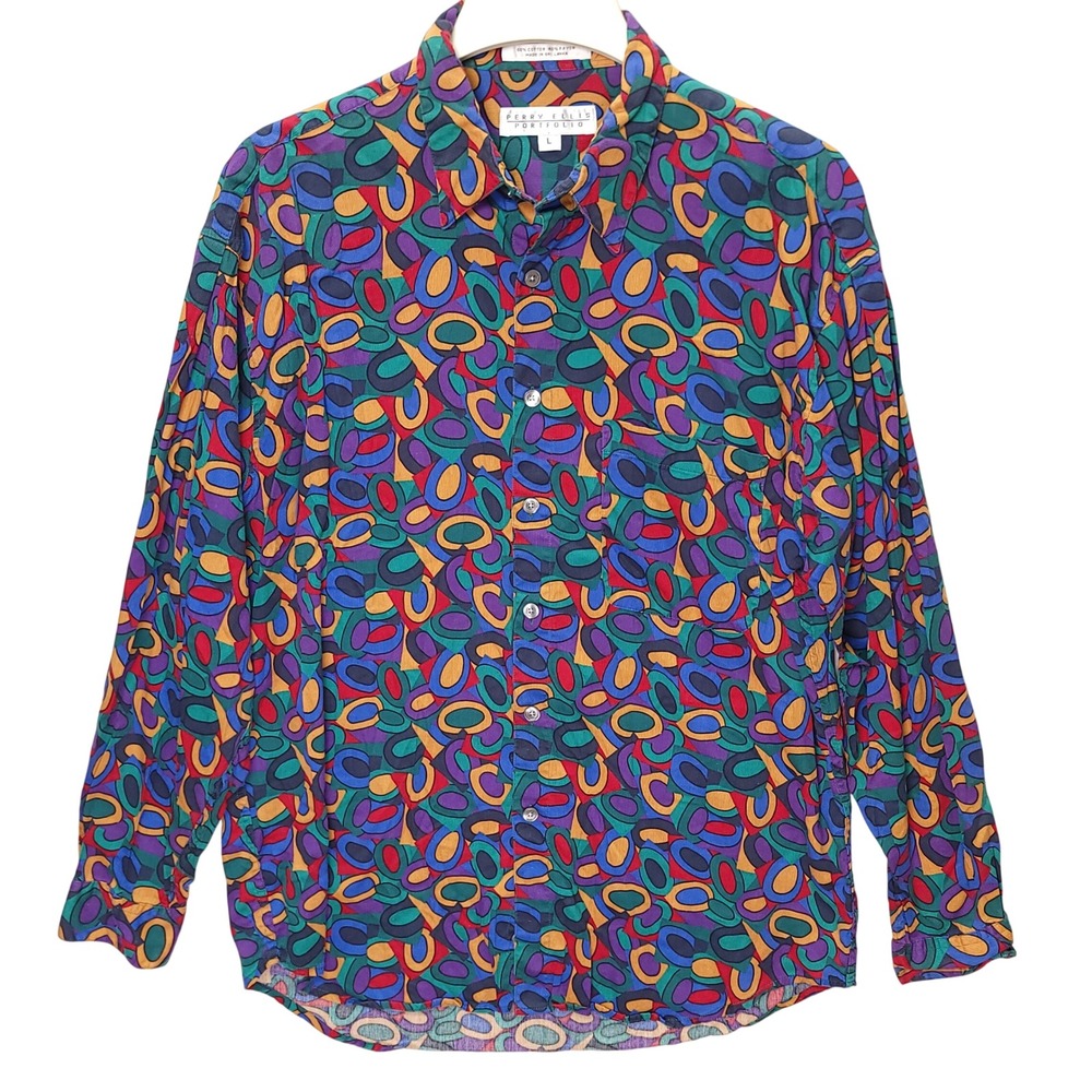Perry Ellis Portfolio Mens Large Geometric Oval Print Button Down Shirt Multi